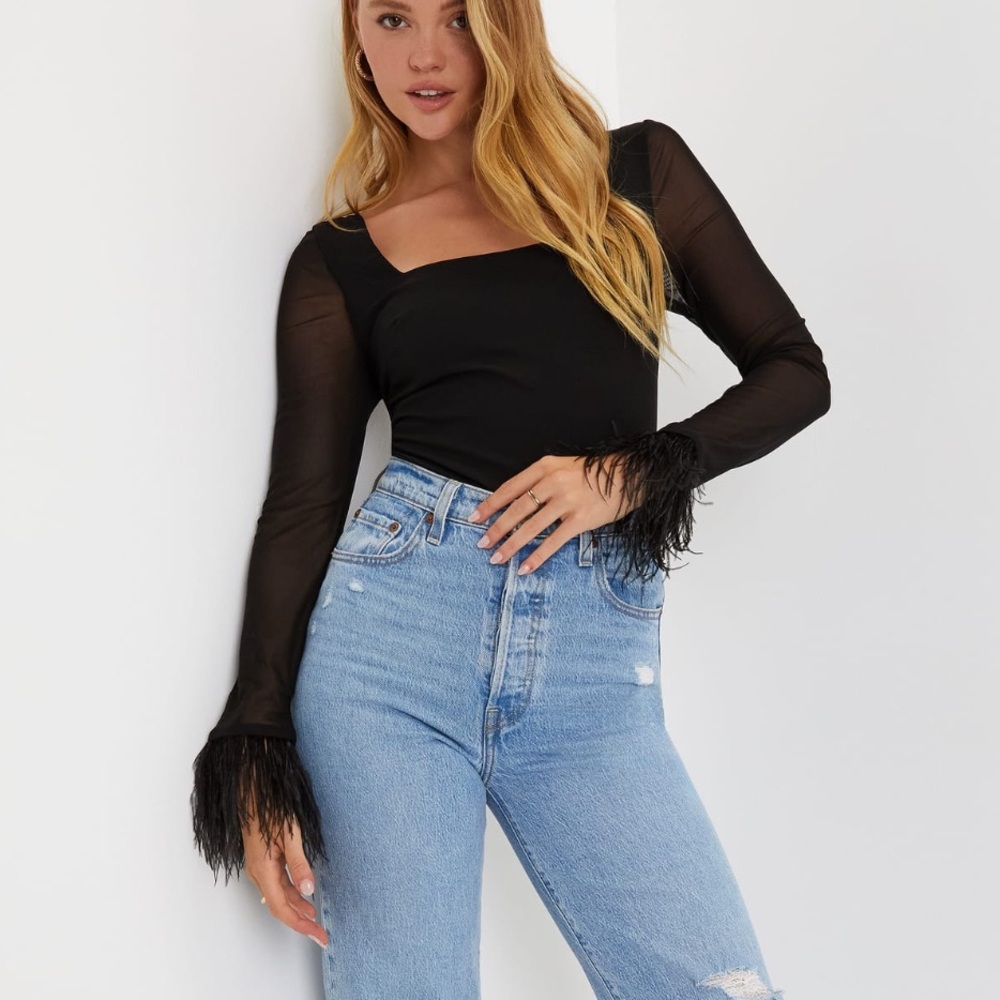 Lulus Long Sleeve Bodysuit with Feathers